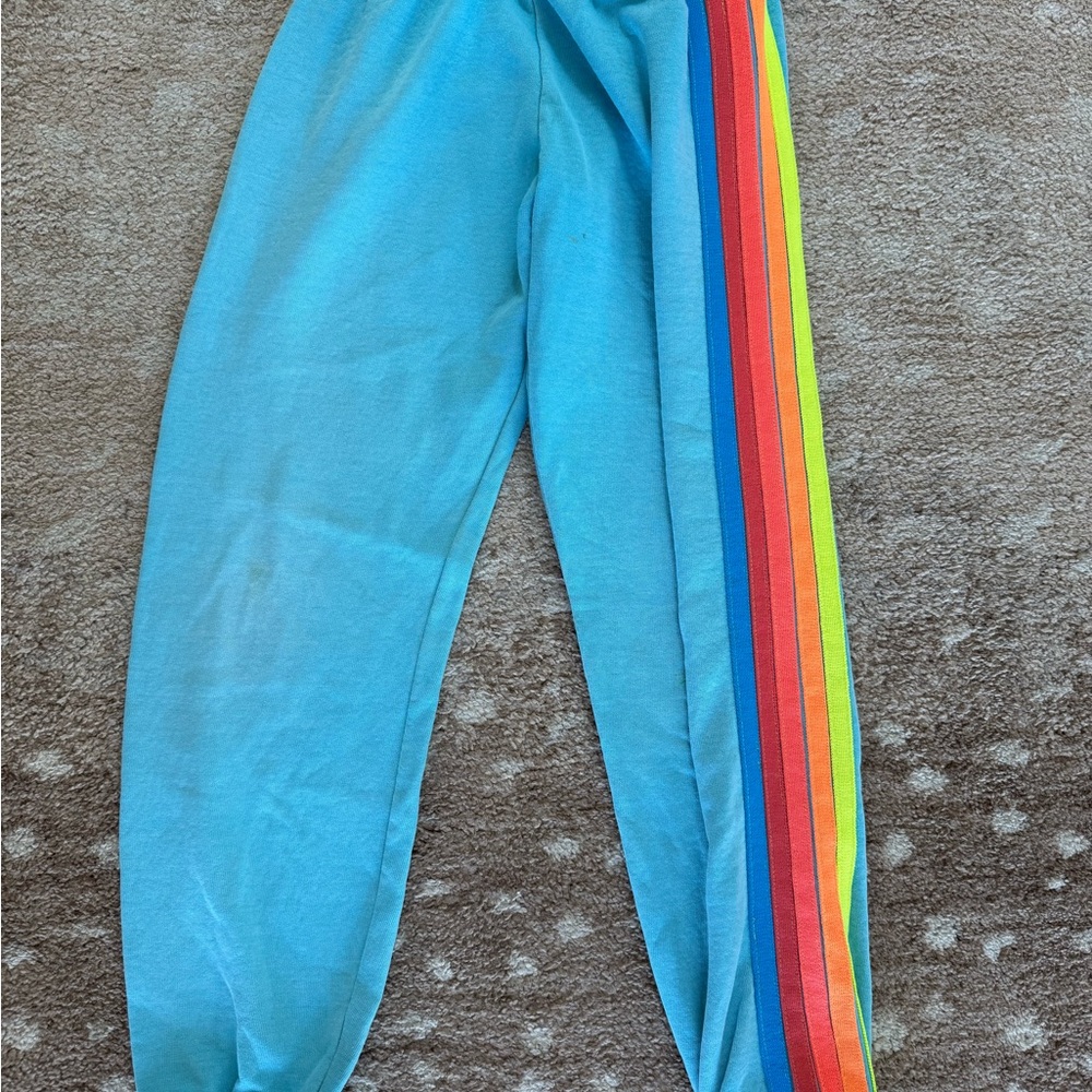Aviator Nation Kids Blue Joggers with Rainbow Stripes